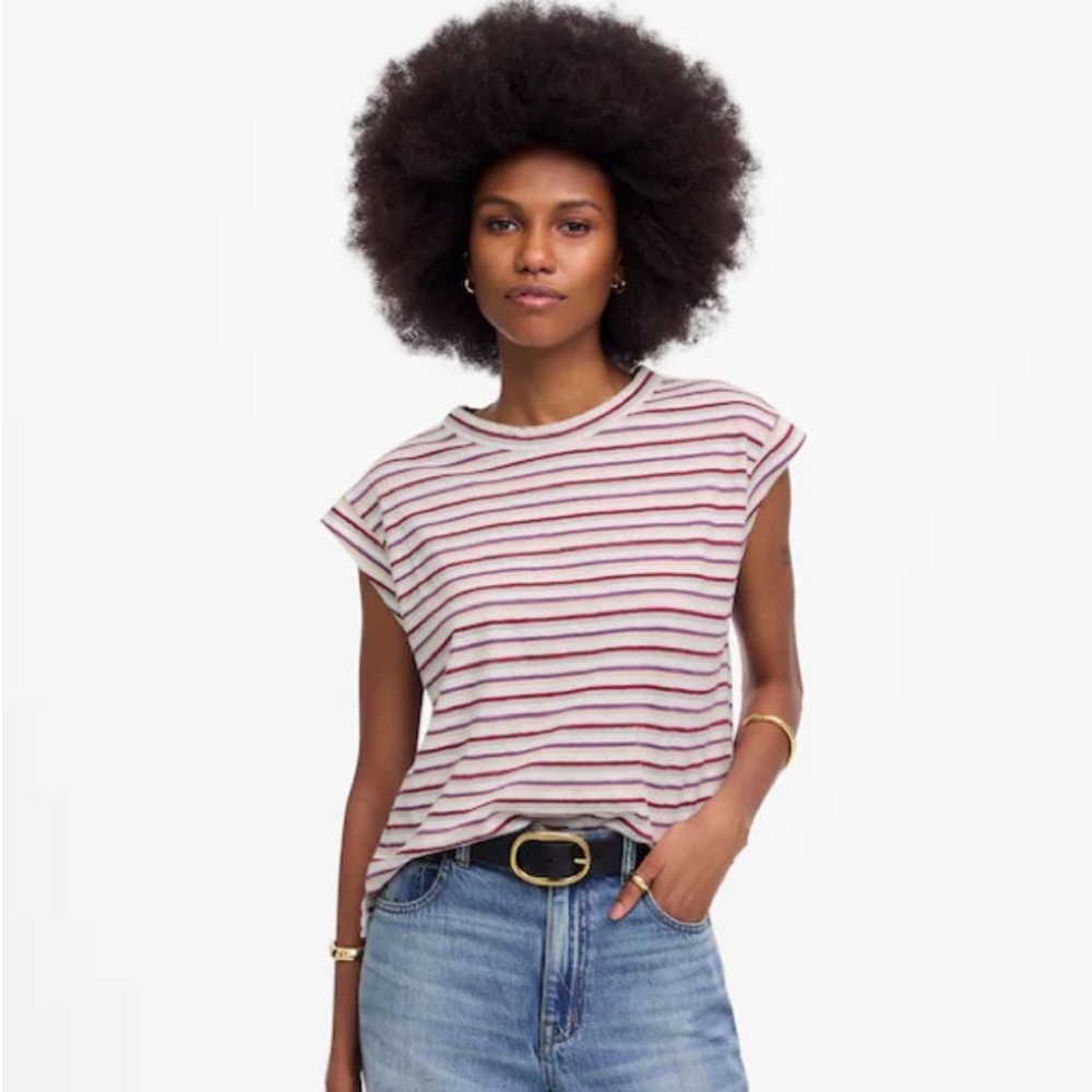 Madewell NWT Boxy Muscle Tee in Stripe Size XS Cotton Linen Blend